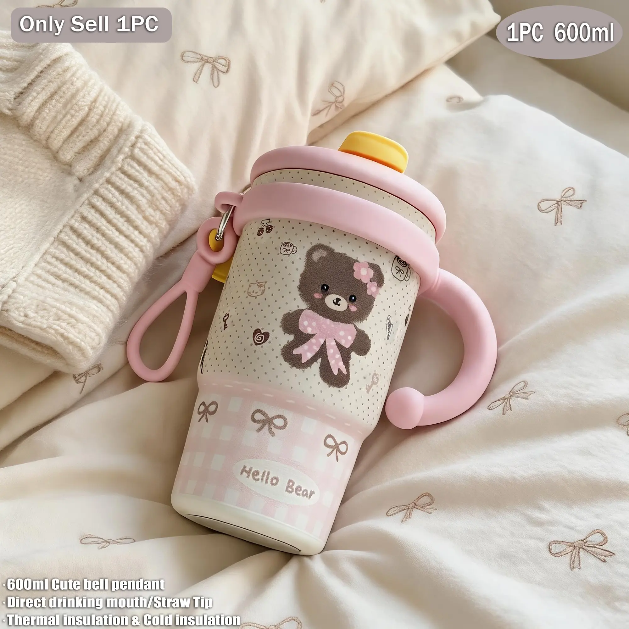 600ML Cute Bear Insulated Hot Cold Thermos Stainless Steel Cup, Dual Layer Vacuum Bottle, Ceramic Coating, Straw & Direct Drink, Ideal for School, Office, Travel