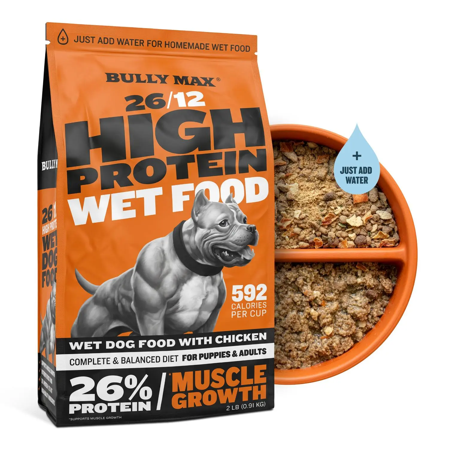 Bully Max 26/12 High Protein Wet Dog Food for Muscle Growth 592 Calories per Cup Made with Real Chicken, Barley, Oats, and Omega-3s Feeding