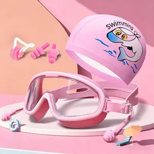 Swimming Goggles Set with Nose Clip Earplugs Swim Cap, Anti-Fog Leakproof Large Frame Glasses for Boys Girls Ages 3-12, Swim Kit