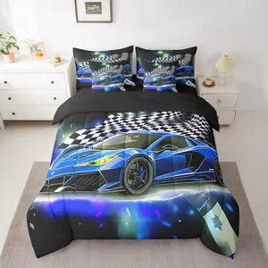 Blue Racing Car 7 Piece Bedding Set,Extreme Sport Comforter Set with Sheets,Fast and Furious Bed in a Bag,Black White Flag Bed Set