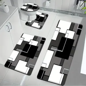 3pcs/4pcs Stylish And Easy Gray Geometric Pattern Bathroom Mat Set ,Non Slip Absorbent Soft Microfiber Bathroom Mats with Toilet Lid Cover & Contour Rug, Machine Washable Bath Rugs for Bath