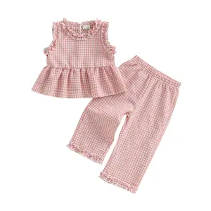 Toddler Baby Girl Two Piece Outfit Cute Gingham Plaid Ruffle Sleeveless Peplum Tanks Tops Long Pants Summer Clothes
