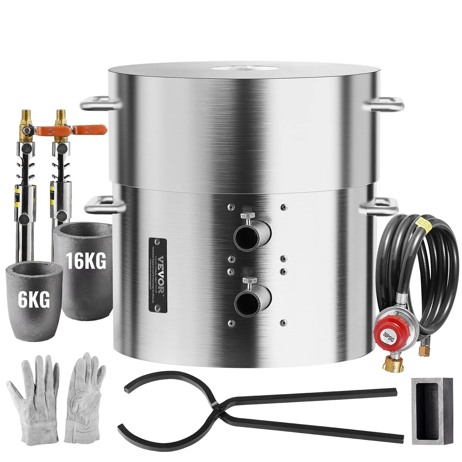 VEVOR Stainless Steel Weld-Free Propane Melting Furnace Kit, 35lbs Max Large Cap. Dual-Burner Foundry Kiln with Crucibles, Tongs, Secure Reliable Details, Standard Threaded Connections, Easy Outdoor Metal Recycling Installation (Gold, Silver, Copper)