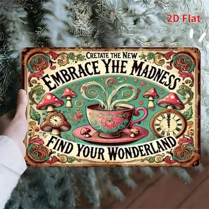 1PC Vintage Metal Wall Art - "Embrace the Madness, Find Your Wonderland" - Whimsical Tea Party Design with Colorful Mushroom and Floral Patterns - 8x 12inch   Sign, Suitable for Bars, Coffee Shops, Beach Houses, Backyard Farmhouses, Garden Sign
