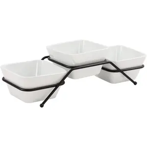 3 count square bowl Porcelain Chip & Dip Serving Set with Black Metal Stand, 4.5inch White Small Serving Bowls for Side Dishes, Salsa, Appetizer, Serving Dishes for Entertaining 11.5 OZ