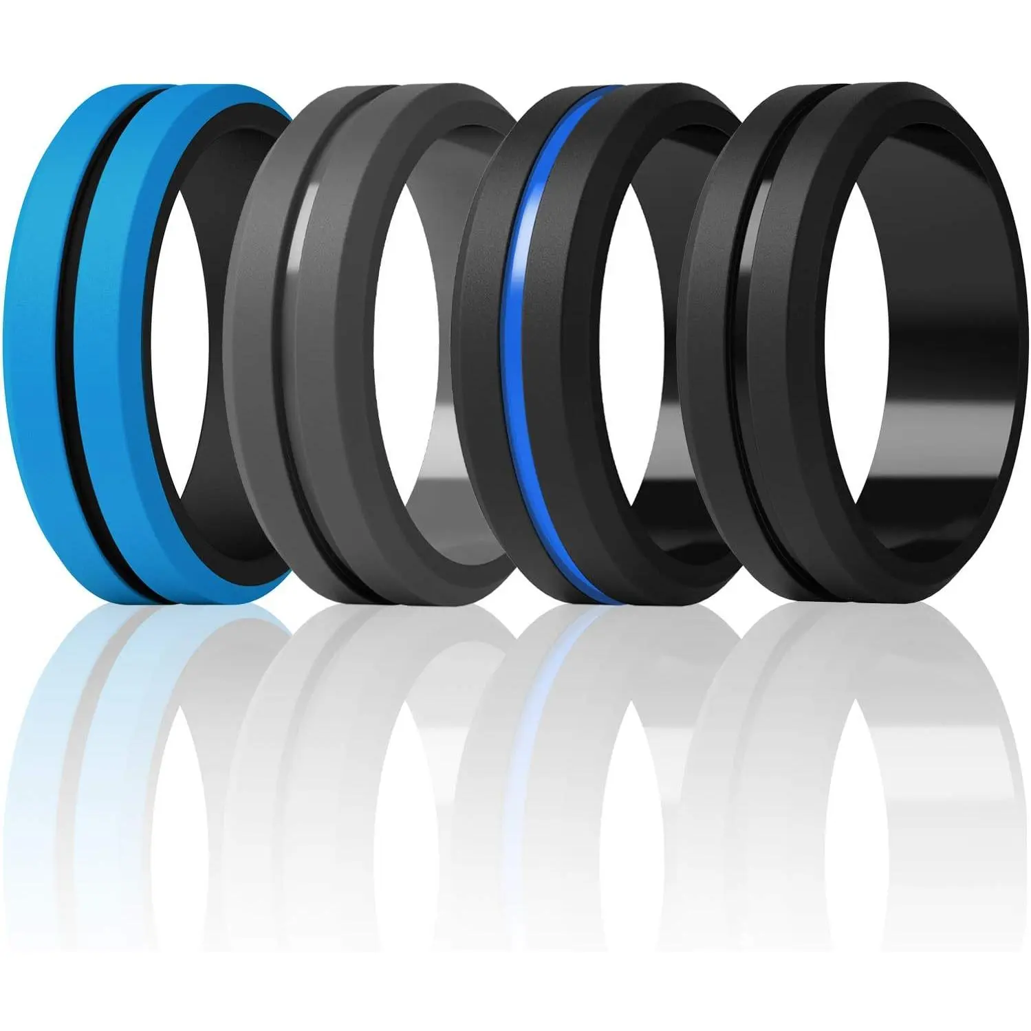 Men's Silicone Wedding Rings, 8.2mm Wide Brushed Top Flexible Workout Rings for Active Lifestyles, Hypoallergenic Multipack, Active Lifestyle Rings, Flexible Wedding Bands