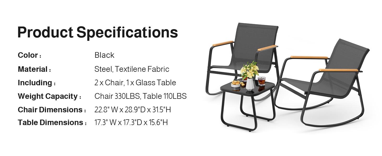 Gizoon 3 Piece Rocking Bistro Set, Textilene Fabric Patio Furniture Set, Front Porch Rocker Chairs with Coffee Table for Lawn, Garden, Balcony, Poolside (Black)