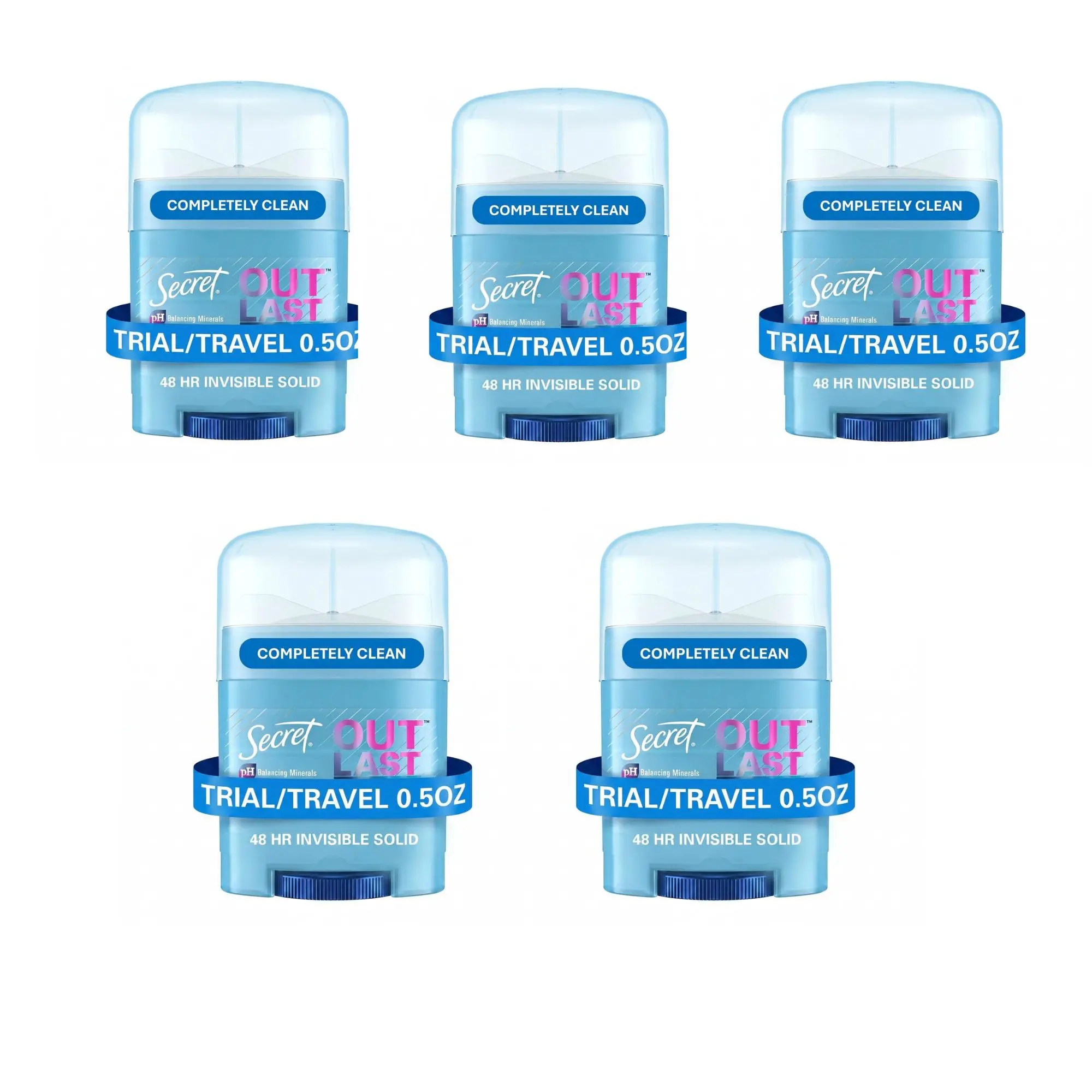 Secret 5 pcs Outlast Antiperspirant Deodorant for Women, 72hr Sweat & Odor Protection, PH Balancing Minerals, Invisible Solid, Completely Clean Scent, Travel Size, 0.5 oz