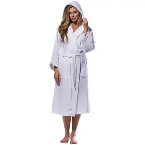 Turquaz Waffle Hooded Long Robe Women Cotton Blend Square Pattern Soft
