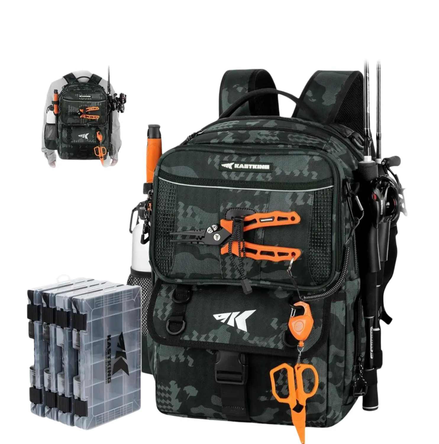[Back to School Gift] KastKing BaitSpace 50L Fishing Tackle Backpack with Removable Bait Binder & 4 Tackle Boxes, Rod Holders Storage Fishing Gear SummerVibes