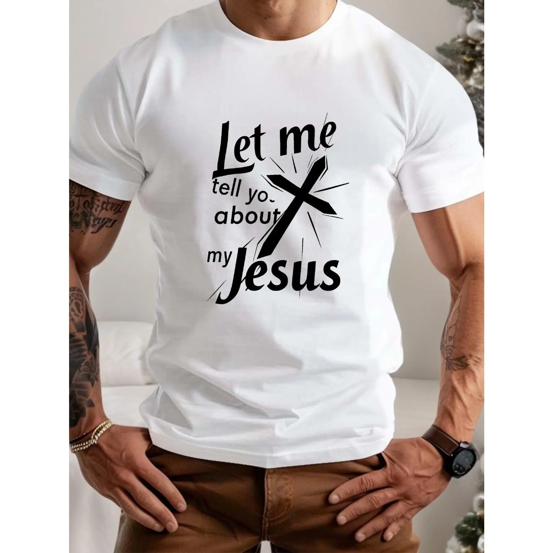 Men's Plus Size Big & Tall 100% Polyester Printed Cross Geometric Crew Neck Basic Tshirt - Summer Short Sleeve Knit Stretch Fabric, Regular Cut, Chic Classic Casual Streetwear Top, Round Neck Design