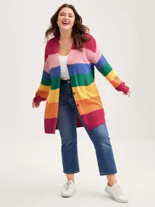 【 Oversized】 Bloomchic Colorblock Contrast Texture Button Cardigan Long Sleeve V-Neck Fitted Casual Winter Multicolor Geometric Print Acrylic Vneck