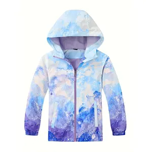 Girls' Hooded Windbreaker Jacket with Vibrant Galaxy Print Lightweight Polyester Zip-Up Long Sleeve Fall Outerwear Youngsters Teens Trendy Youth Jacket Durable Zipper Closure ED1246893