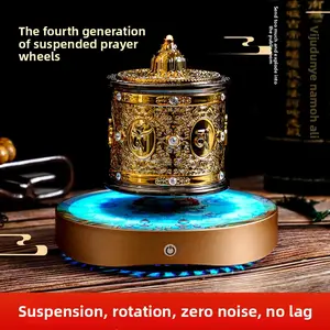 Magnetic Levitation Gold-Plated Metal Prayer Wheel, Ethnic Religious Decoration with 6-Character Mantra Print, Creative Tibetan Ornament for Home Buddha Hall Spiritual Decor, Six-Character Mantra