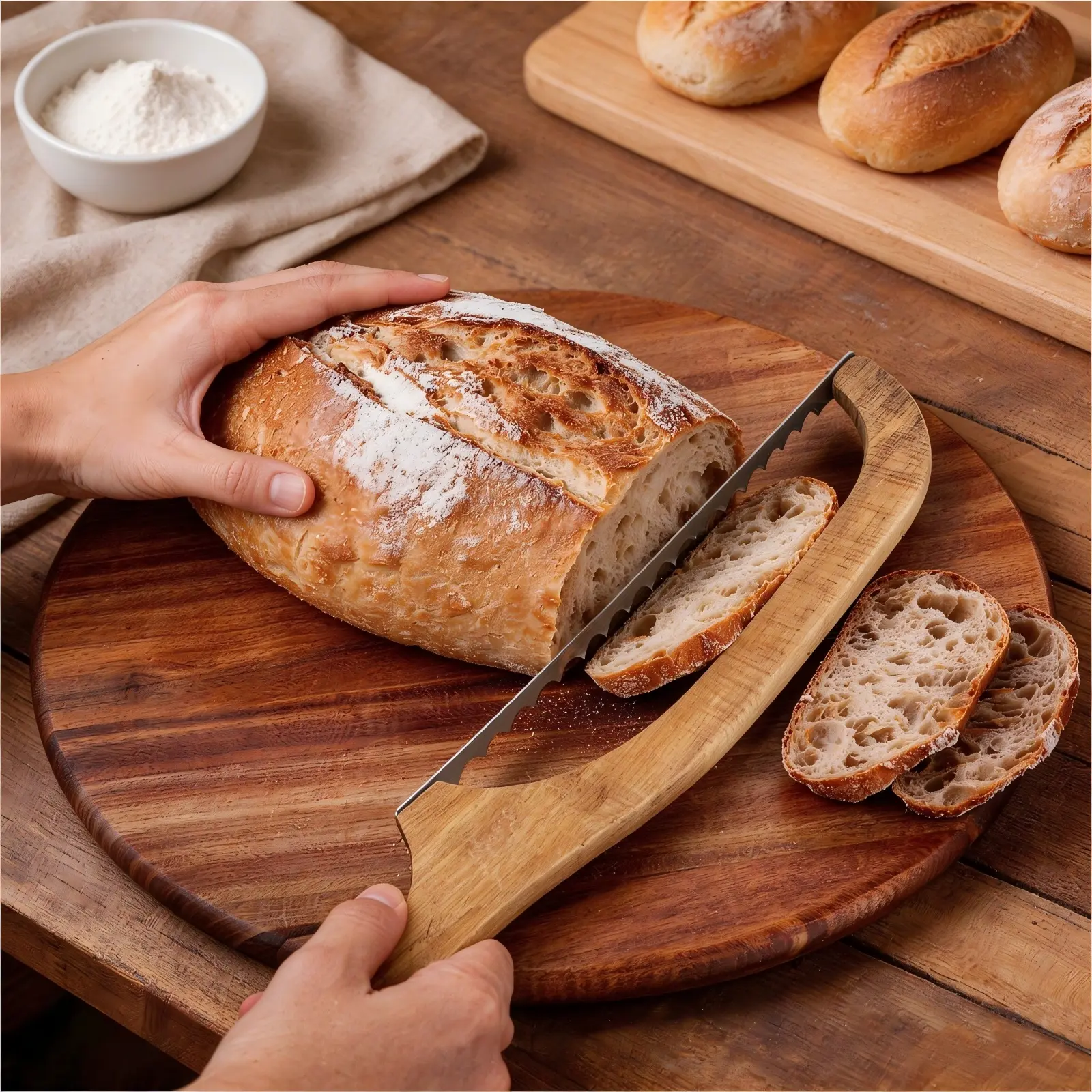 Bread Slicer for Homemade Bread, 16" Wooden Sourdough Slicer Bread Cutter Knife with Bow Design, Premium Stainless Steel Serrated Saw Bread for Bagels, Baguettes and More.