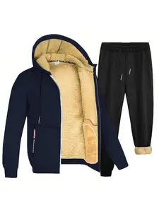 Two-piece Set Men's Solid Zip Up Hooded Jacket & Drawstring Waist Pants Set, Regular Fit Casual Long Sleeve Hooded Outerwear & Pocket Jogger Pants, Hooded Sweatshirt Set, Fall outfit