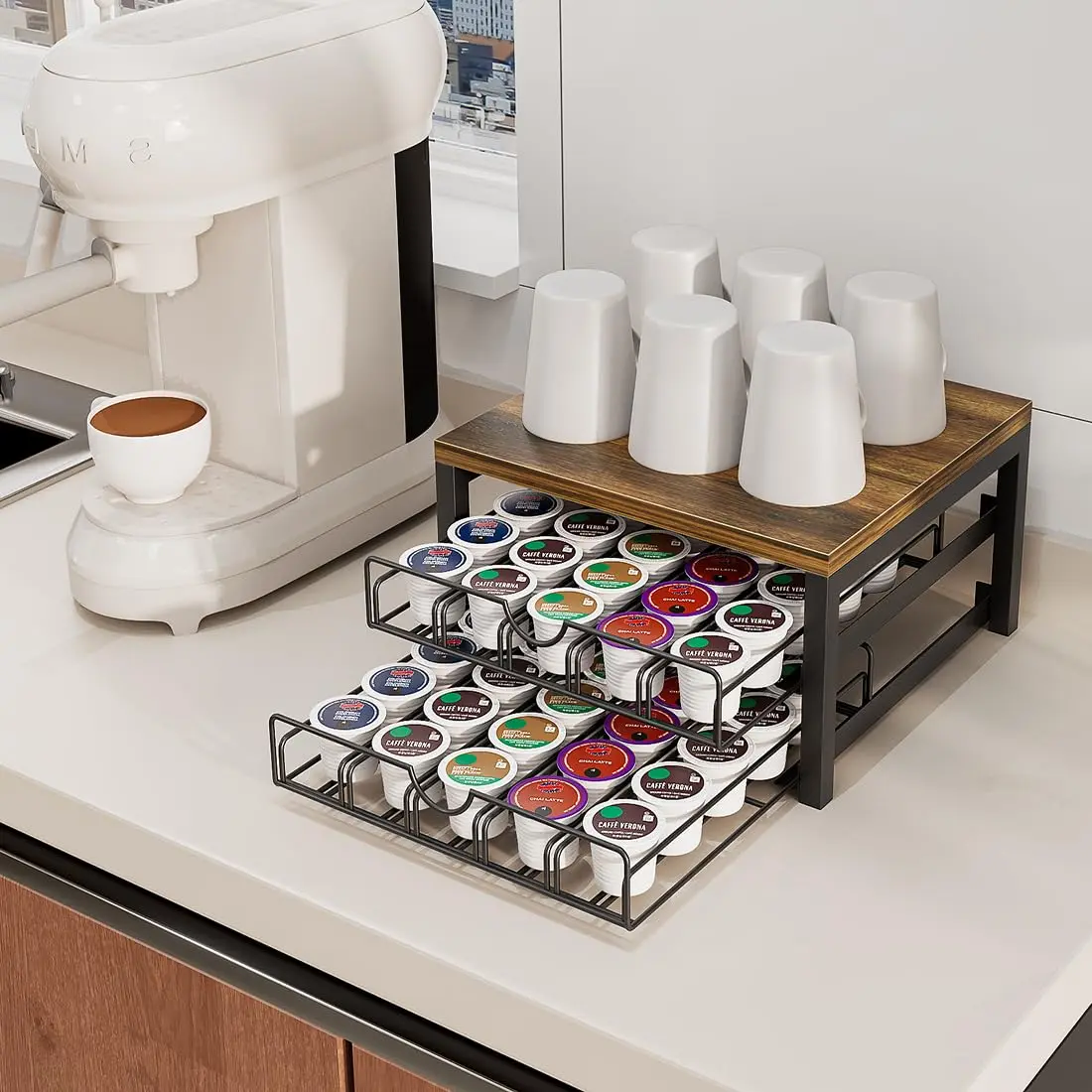 Coffee Pod Holder Drawer 1 Tier 2 Tier for K Cup Capsule Pods Storage Organizer Under Coffee Pot Storage Sliding Drawer Shelf Mother's Day