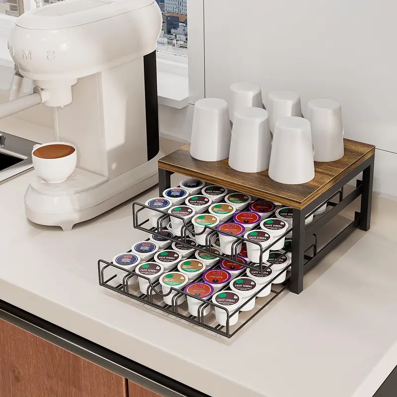 Coffee Pod Holder Drawer 1 Tier 2 Tier for K Cup Capsule Pods Storage Organizer Under Coffee Pot Storage Sliding Drawer Shelf Mother's Day