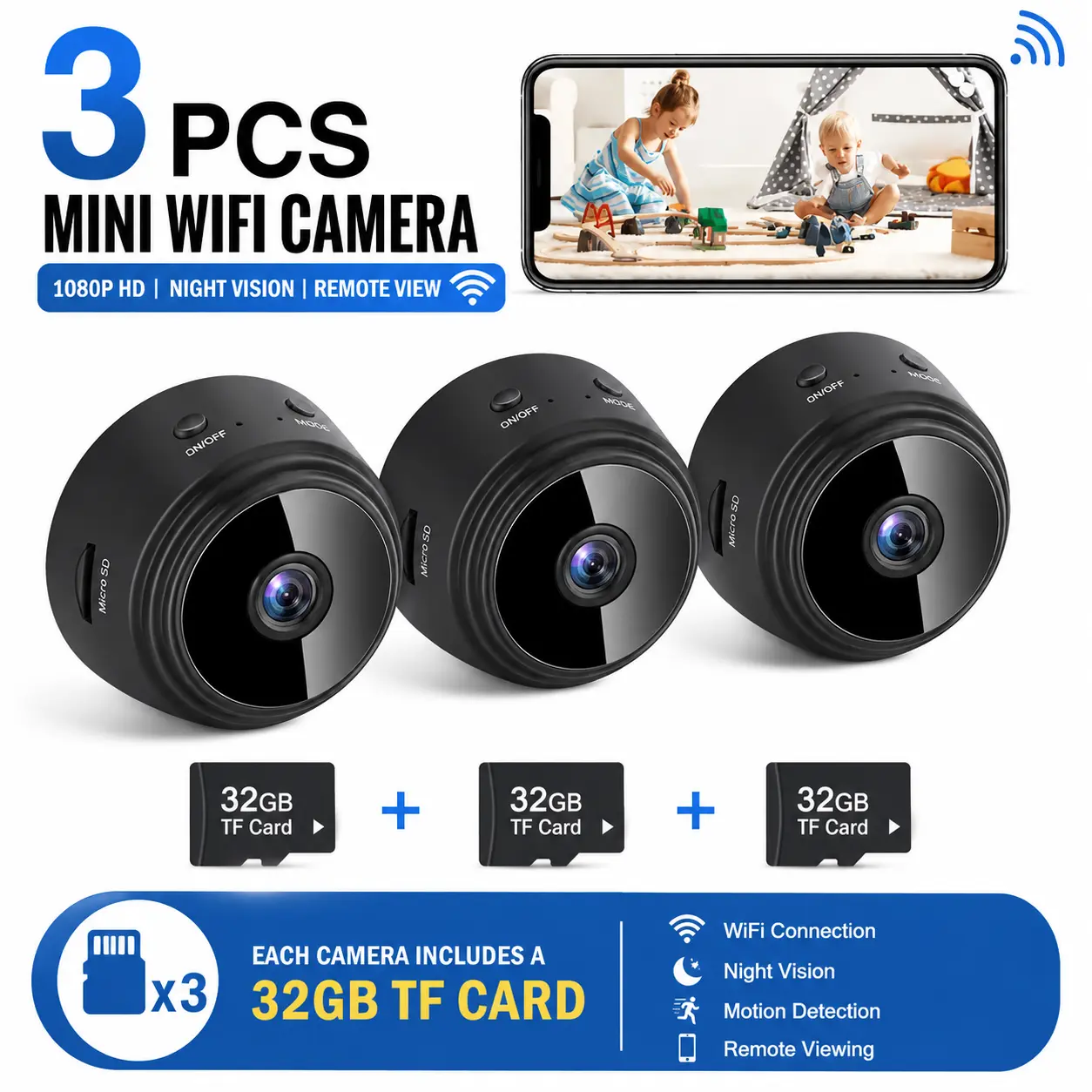 3-Pack A9 32g Smart Security Cameras, 2.4 GHz Wi‑Fi, 1080p HD, Indoor/Outdoor Wireless Surveillance System for Home and Office, Portable Connectivity