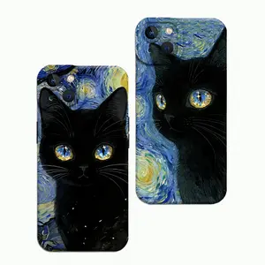 Starry Sky Black Cat Phone Case, Oil Painting Art Aesthetic Cover for iPhone 17 16 15 14 13 12 11 XS XR Pro Max Mini 16E, Cute Cat Lovers Protective Shockproof Soft Case, Trendy Galaxy Starry Night Design, Accessories, Smartphone, Casing