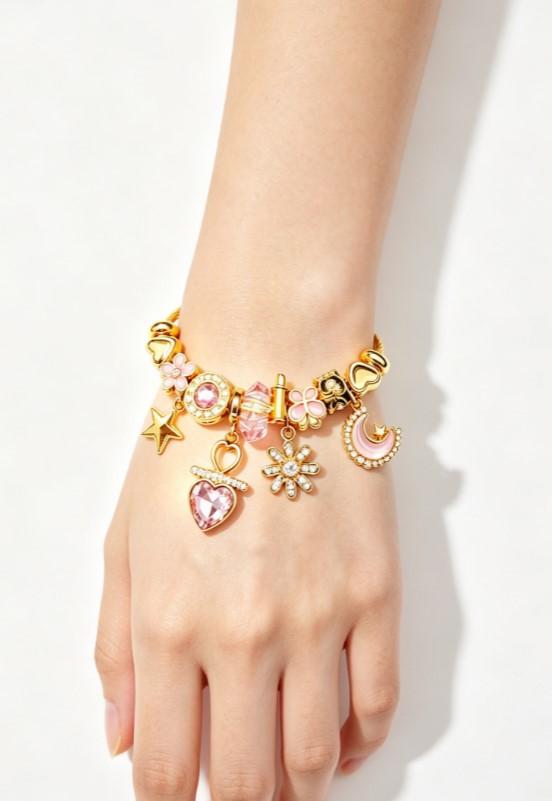 Pink Heart Moon Star Charm Gold Bangle Bracelet, Adjustable Cable Wire Cuff Bracelet with Pink Crystal Flower Charms, Cute Sweet Jewelry Gift for Women Teen Girls