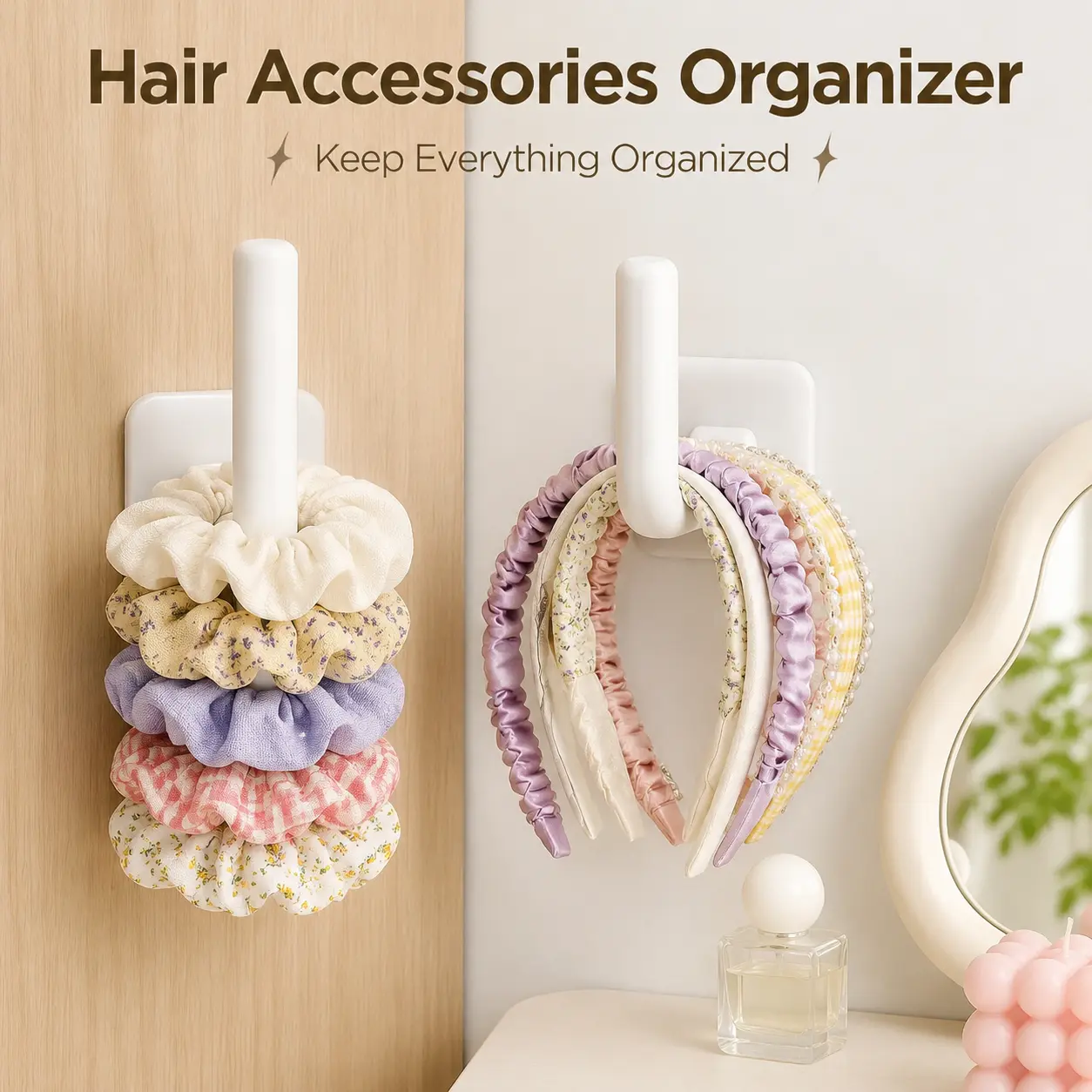 2 PCS Hair Accessory Organizer, Adhesive Scrunchie Holder for Wall, Headband Storage Rack, Space Saving No Drill Hair Organizer