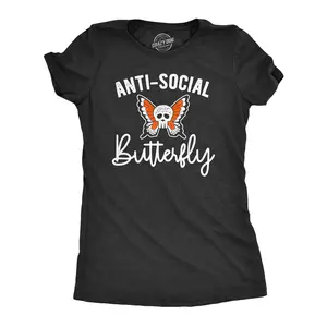 Womens Anti-Social Butterfly T Shirt Funny Introvert Skull Tee Funny Womens T Shirts Cute Vintage Fashion Casual Ladies T-Shirt Gift Animal Tops for Women Funny Introvert Top Women's Novelty Tees Black -