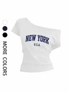 Women's Casual Commuter Loose Shoulder Cut Out T-Shirt, New York Letter Print, Y2K Style, Fashion Trendy Everyday Top for Daily Wear or Parties