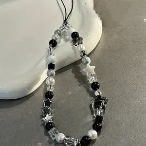 A cool black five pointed star mobile phone lanyard with bead CCD camera anti loss strap, backpack keychain hanging accessory for mobile case, Cell Phone Charm