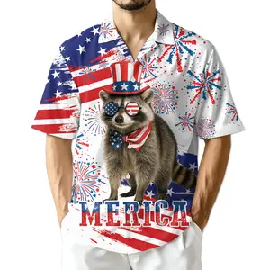 Funny Merica Racoon 4th of July American Flag Hawaiian Hawaiian Shirt for Men Women, Button Down Summer Beach Short Sleeve Sizes S-5XL