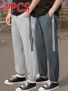 2-Pack Men's Casual Slim-Fit Long Pants, Drawstring Mid-Waist, Ankle-Length, Pockets, All-Seasons, Outdoor & Home Wear