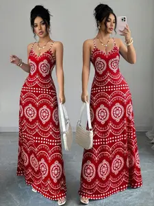 Women's Floral Halter Long Dress, Chic Fashion Casual Wear Boho Bohemian Summer Waist Cinch Slimming Beach Vacation Style, Elegant Flowy Maxi Dress for Women