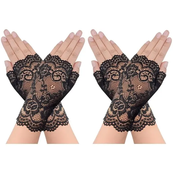 Women's Elegant Bridal Lace Fingerless Gloves, 2 Pairs Floral Design Short Gloves for Wedding, Prom Costume Accessories, Elegant Bridal Gloves