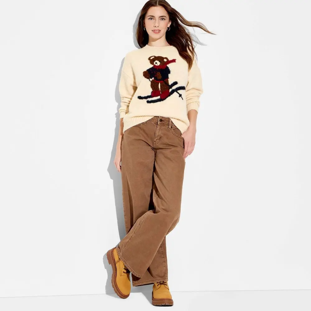 Women's Long Sleeve Crewneck Pullover - Heritage Novelty Sweater, Polyester-Spandex Yarn Fabric - Wild Fable, Garment