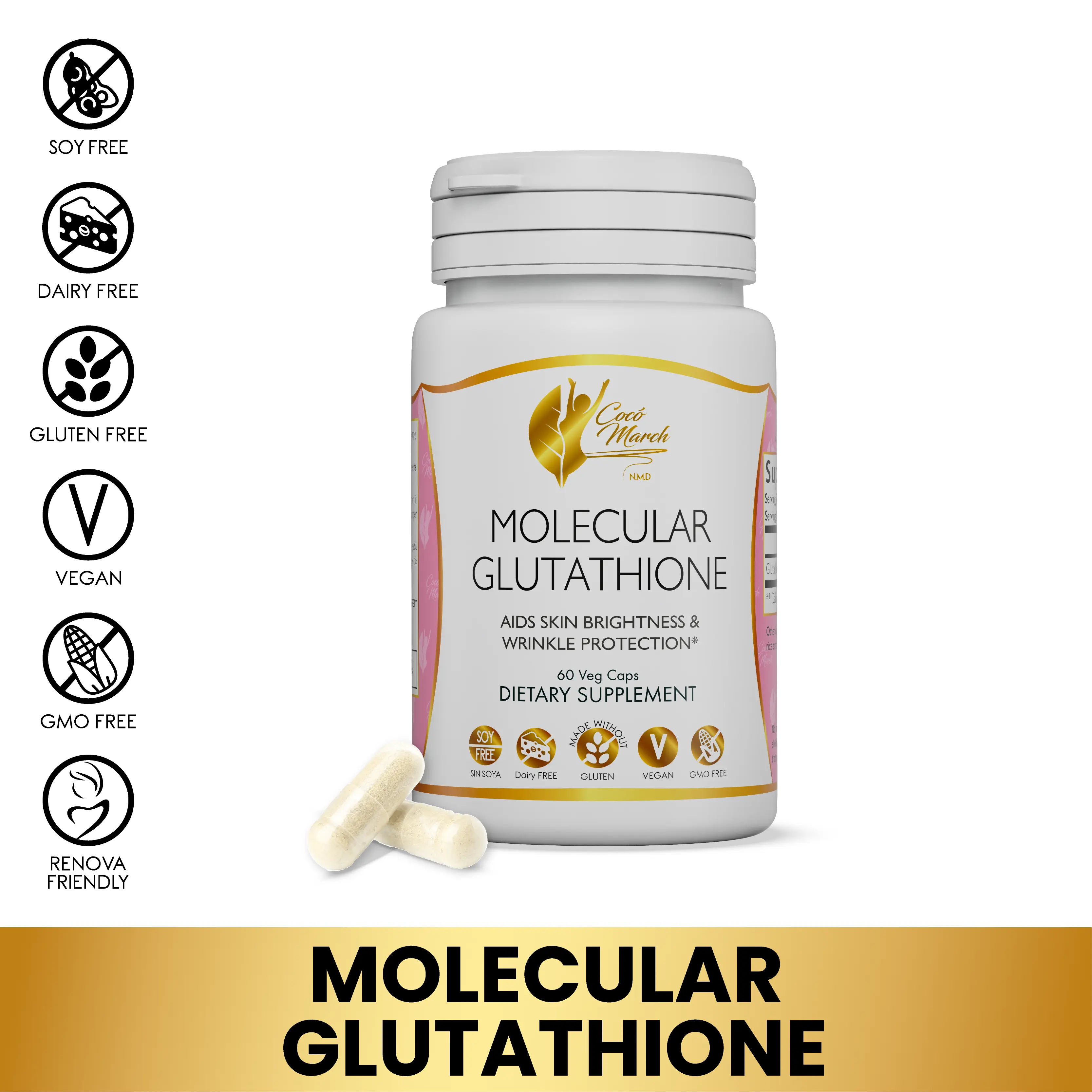Cocó March N.M.D Molecular Glutathione Dietary Supplement, Immune System Boosting Wellness Supplement for Adults - 60 Capsules per Container