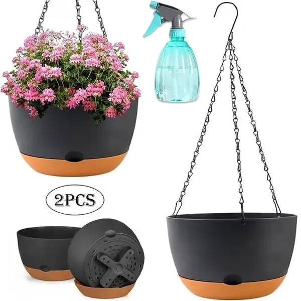 2-Pack 10-Inch Self-Watering Hanging Planters with Drainage Hole, Flower Pots with Chains & Hooks for Indoor Outdoor Balcony Garden Patio Décor(Black)
