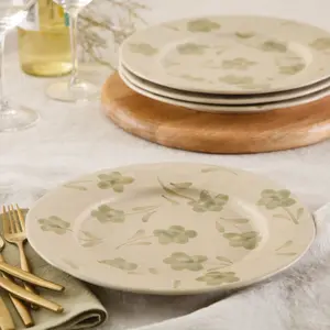 4-Piece 10.8 Inch Dinner Plate Set - Hand-Painted Portuguese Stoneware - Porto Petals - Green Orchid