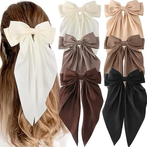 6pcs Oversized Bows for Women & Girls, Long Tail Satin Ribbons, Hair Ties, Thick & Thin Fashion Hair Accessories, Stylish Hair Decorations, Hair Clips, Hair Clip Set, Hair Style Accessory