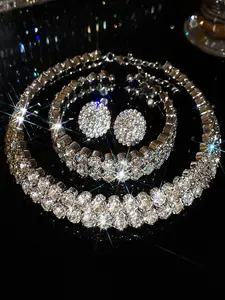 Shiny Silver Gold Color Crystal Necklace Earrings Bracelet Set for Women, Wedding Party Daily Wear, Elegant Style, All Seasons