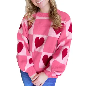 Znacicc Valentine's Day Gift for Her: Pink Checkered Heart Sweater, Women's Cozy Knit Pullover for Winter & Spring