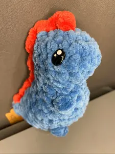Crochet Dinosaur Plush Toy - Soft Polyester Yarn, Safety Eyes, Polyfil Stuffing, Blue Body with Red Scales, 5x3 Inches