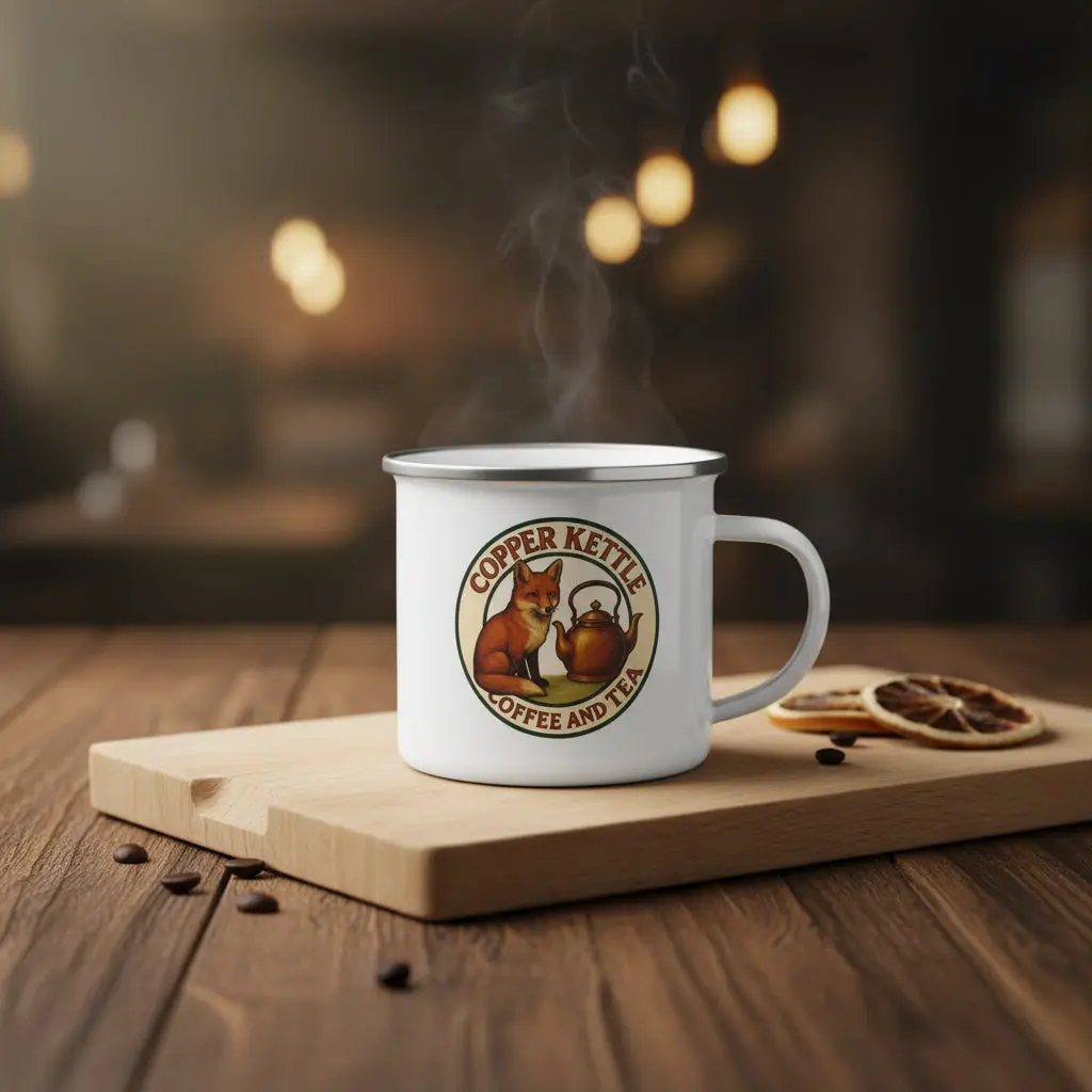 Copper Kettle Coffee and Tea Fox & Kettle Logo Enamel Mug - White