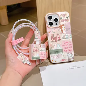 6-Piece Set Bible Element Protective Phone Case Cover + Charging Head Protector + Data Cable Protection + Storage Rope for iPhone 15/16 Series