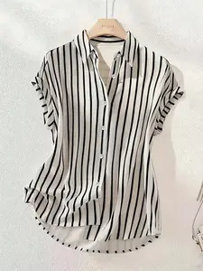 Summer Fashion Striped Collared Blouse Single Button Drop Shoulder Short Sleeve Shirt, Front Short Back Long, Polyester Colorblock Front Closure Top, Summer Style
