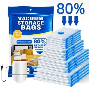 Vacuum Bag with Electric pump, Multi Size Vaccum Clothes Storage Bag & 1 Pump, Compression for Comforters and Blankets, Sealer Clothes Storage, Bedding Room School, Travel Family Organizers Reusable Waterproof Space Saving