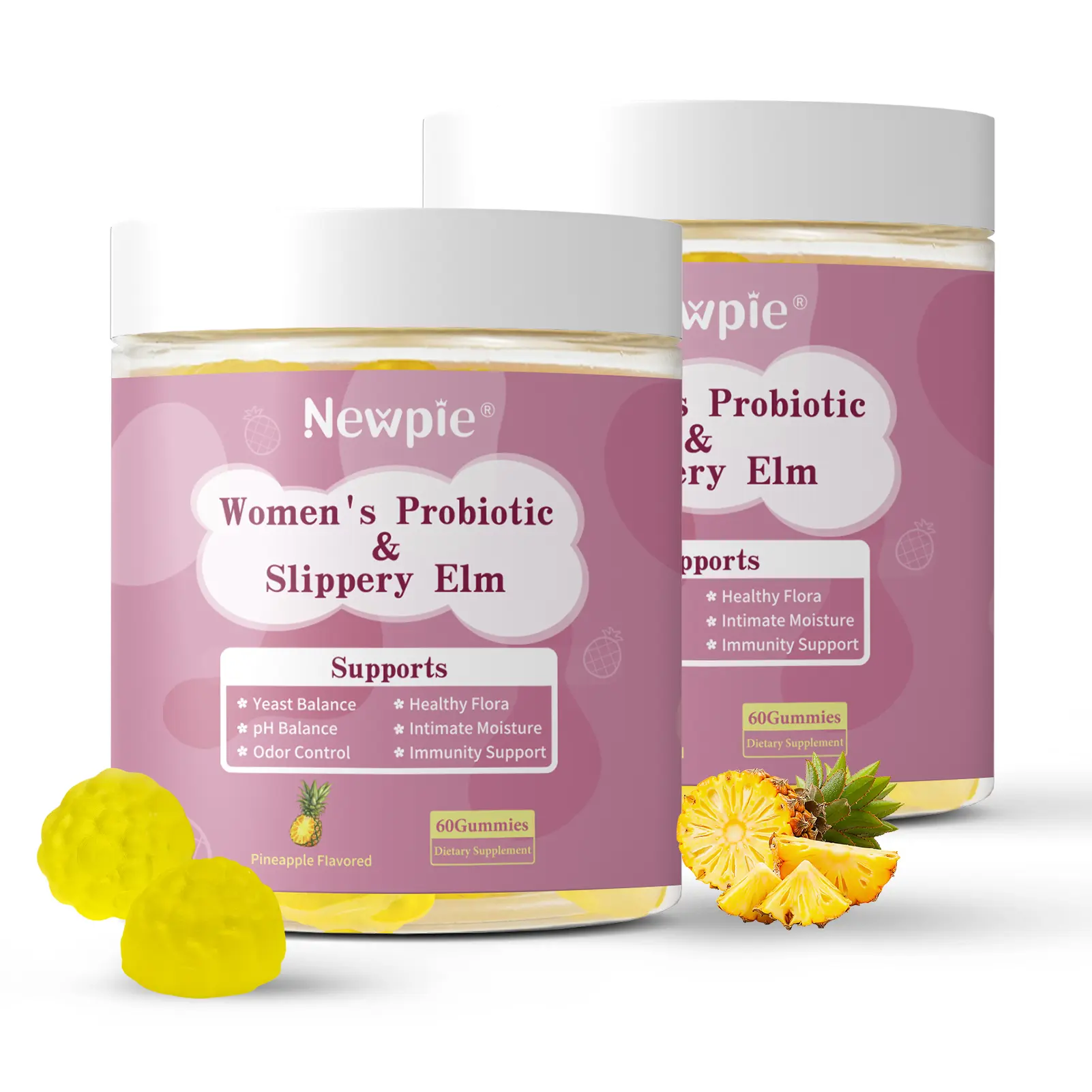 Women’s Feminine Probiotic + Moisture Supplement Gummies - Pineapple Flavor, 60 Count, with Slippery Elm, Prebiotics, Lactobacillus for pH Balance, Hydration, Immune Support