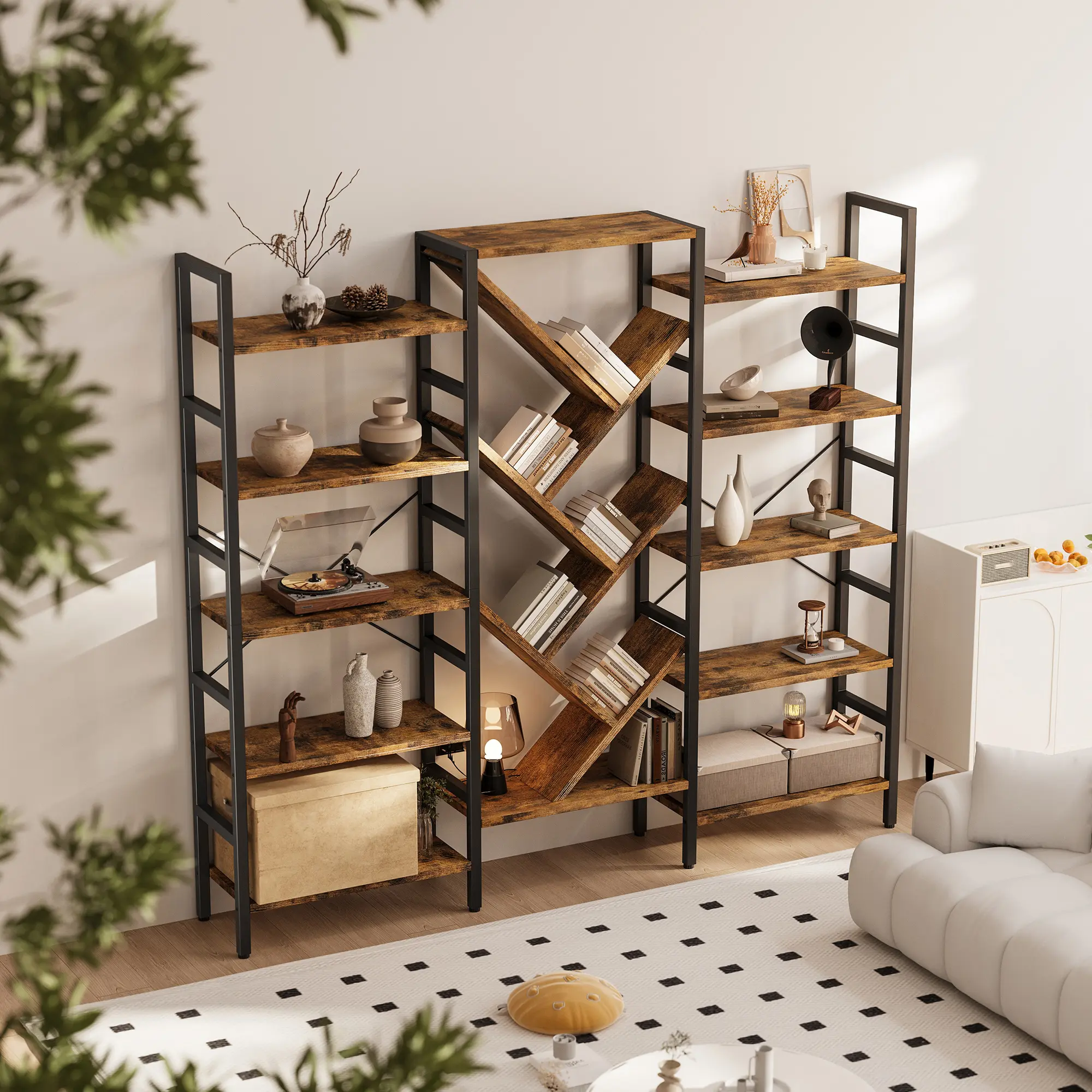 Triple 5 Tier Bookshelf, Large Wooden Bookcase with 17 Open Display Shelves, Modern Tree Book Shelf Metal Frame Tall Bookshelves Furniture for Living Room Bedroom Home Office