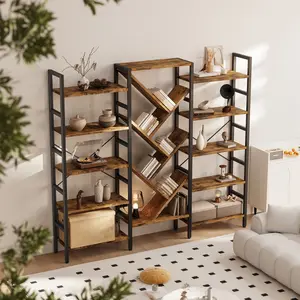 Triple 5 Tier Bookshelf, Large Wooden Bookcase with 17 Open Display Shelves, Modern Tree Book Shelf Metal Frame Tall Bookshelves Furniture for Living Room Bedroom Home Office