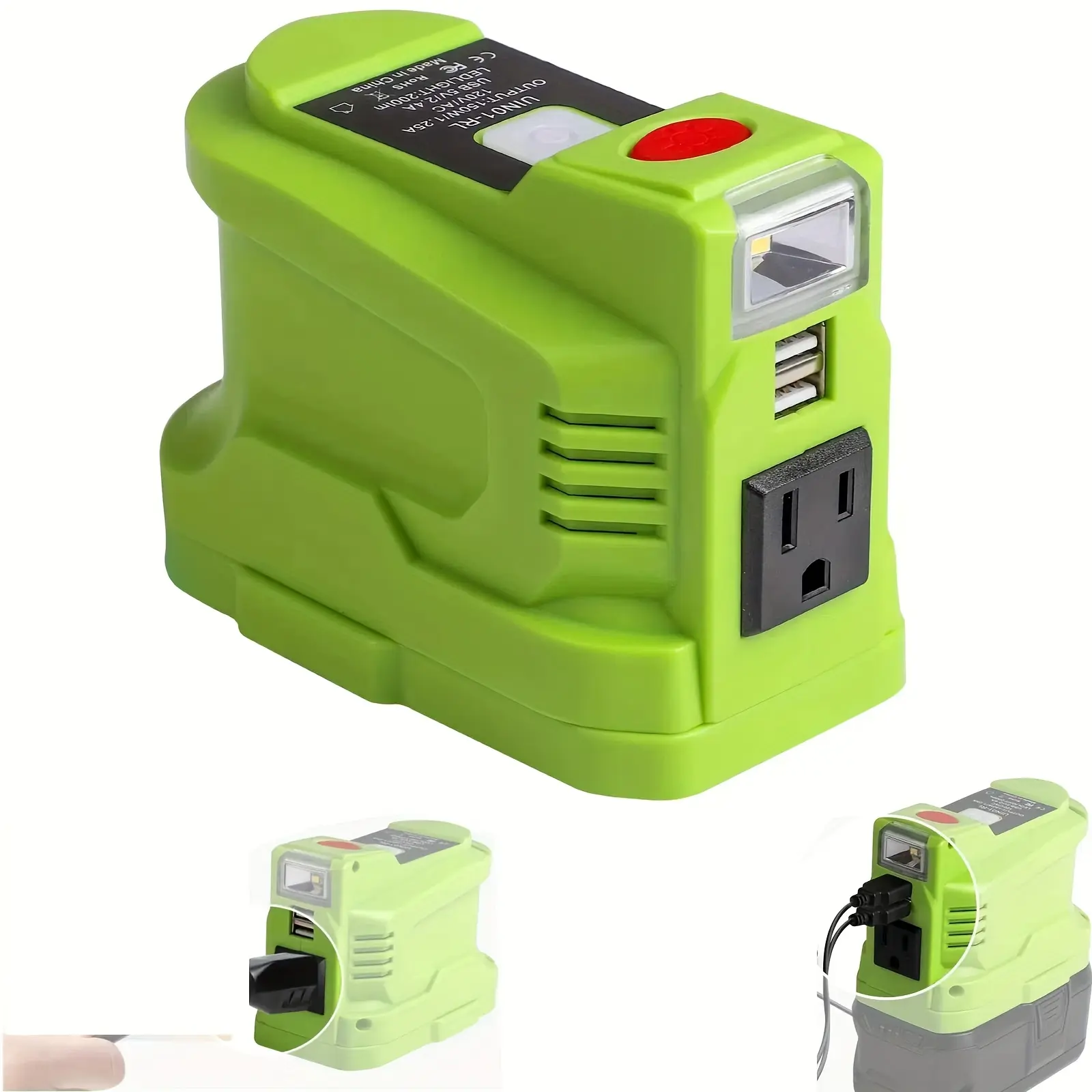150W | Ryobi 18V Battery | Power Inverter | DC 18V to AC 110-120V | Type-C Port | 2 USB Ports | 1 AC Outlet | LED Light | Portable Power Station | Compact Generator | Battery Charger Adapter | For Camping Travel Emergency