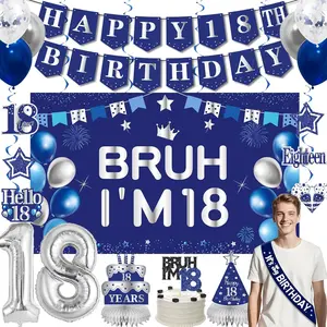18th Birthday Party Decoration Set for Boys - 25PCS Unisex Blue & Silver "Bruh Im 18" Banner, Cake Topper, Balloons, Table Centerpieces Lightweight Party Kit